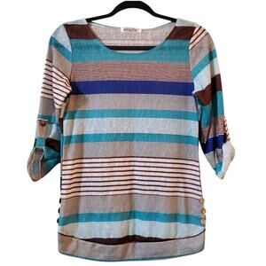 Moking Top Women's Knit Sweater - Blue Brown Stripes Size M